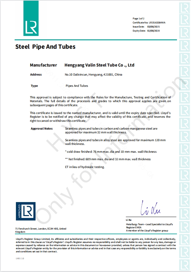 Lloyd Certificate for Carbon-Manganese & Alloy Steel Pipes
